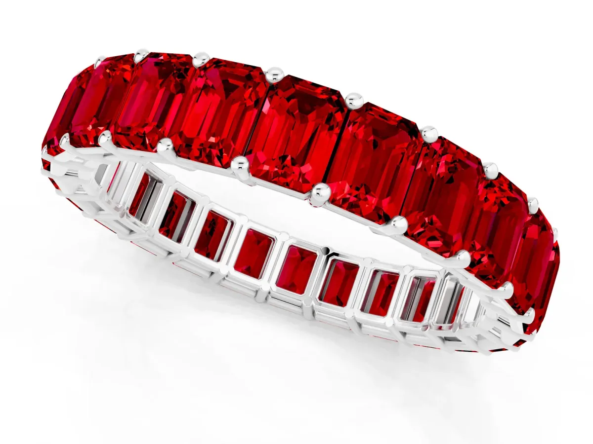 Emerald Cut Ruby Eternity Band with Shared Prong Setting Platinum