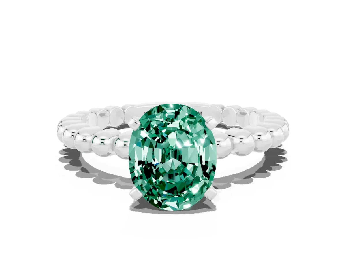 Oval Cut Green Sapphire Solitaire Ring with Beaded Band and Prong Setting Platinum