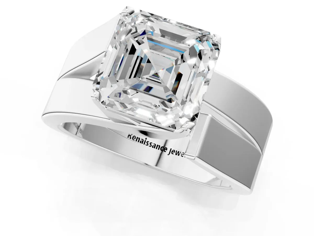 Modern Tension Set Asscher Cut Diamond Solitaire Wide Band Ring Silver