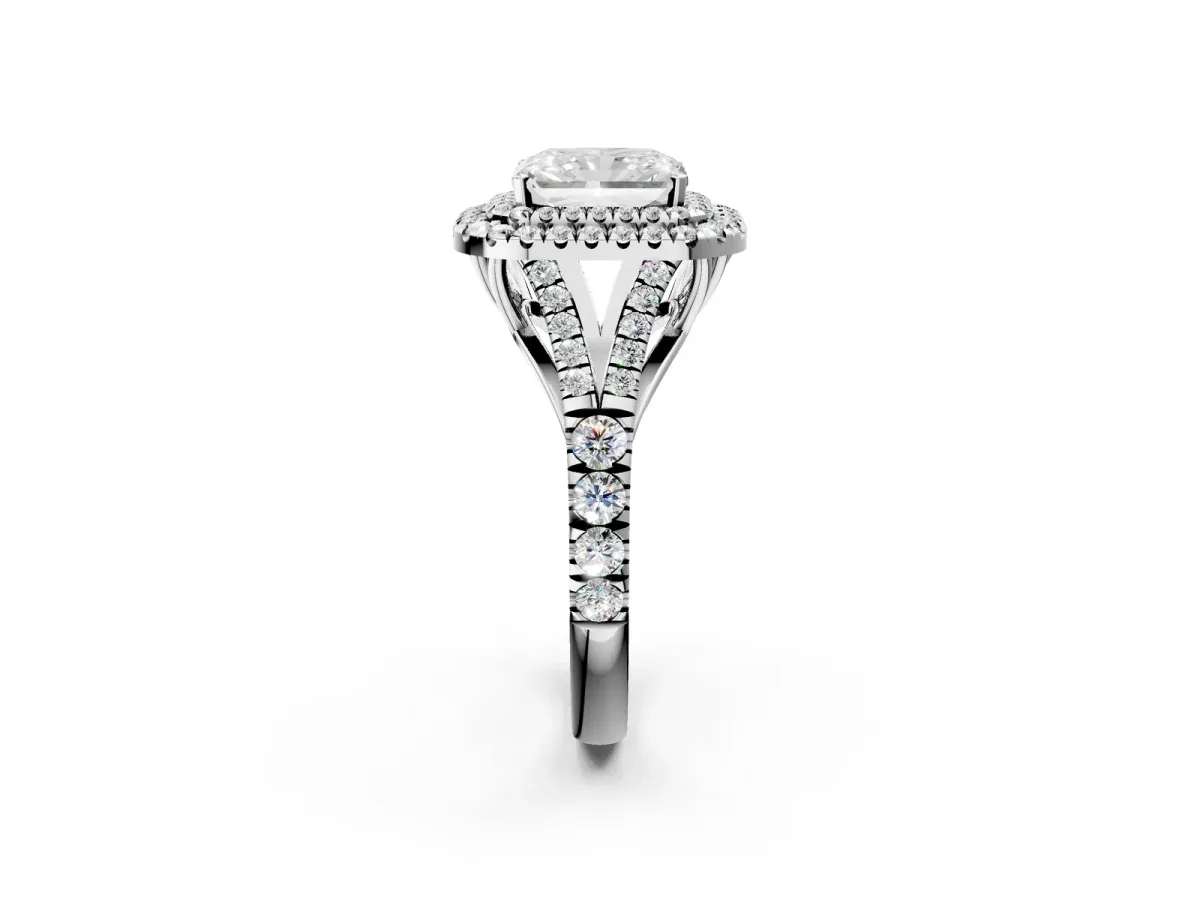Radiant Cut Diamond Pavé Split Shank Double Halo Engagement Ring Platinum