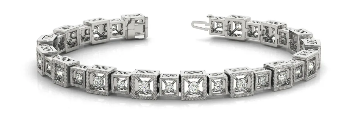Round Cut Diamond Milgrain Box Link Bracelet with Four-Prong Setting White gold