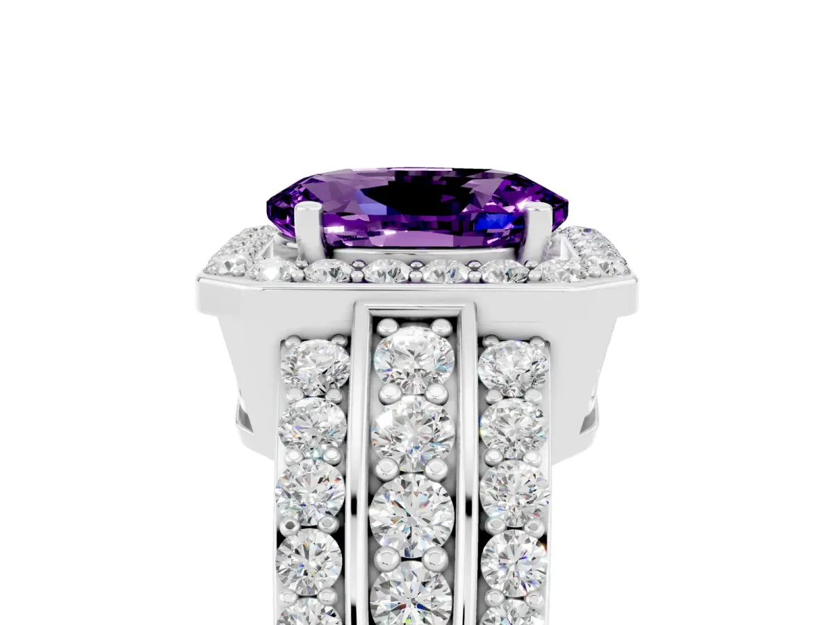 Oval Cut Halo Amethyst Ring with Round Split Shank and Prong Setting Platinum