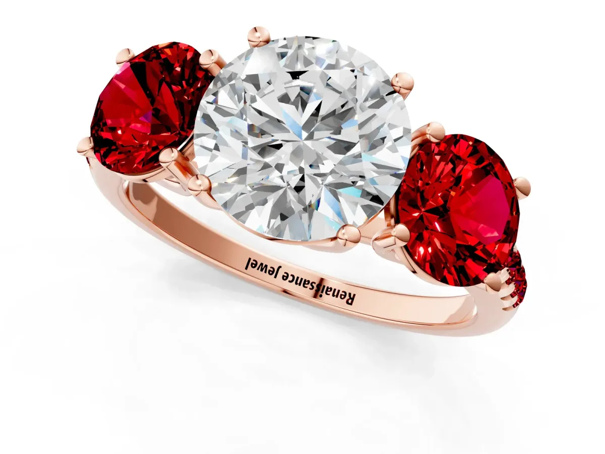 Three-Stone Round Cut Diamond Ring with Round Ruby Pavé Band and Prong Setting Rose gold