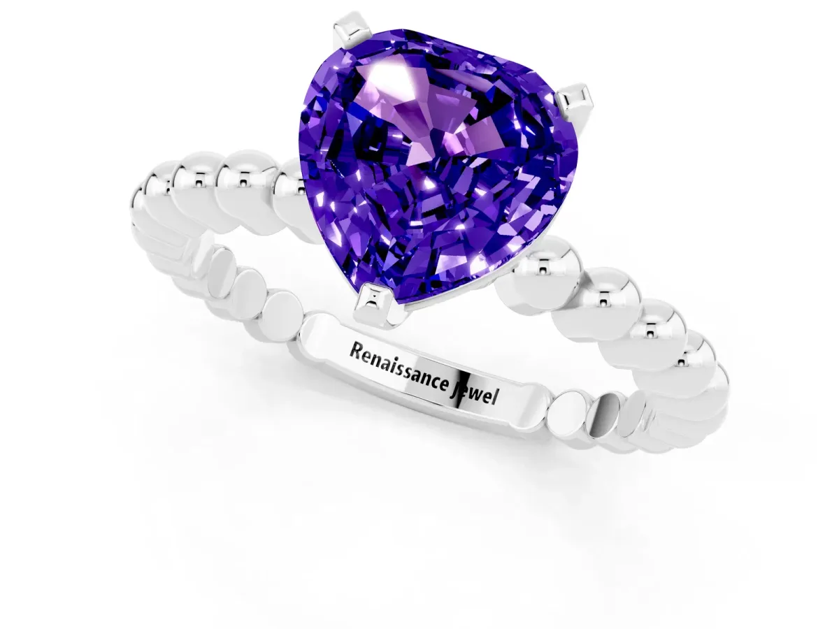 Heart Cut Tanzanite Solitaire Ring with Beaded Band and Prong Setting Platinum