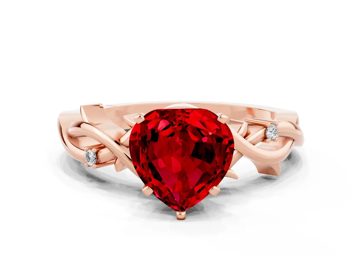 Heart Cut Ruby Solitaire Ring with Twisted Band and Prong Setting Rose gold