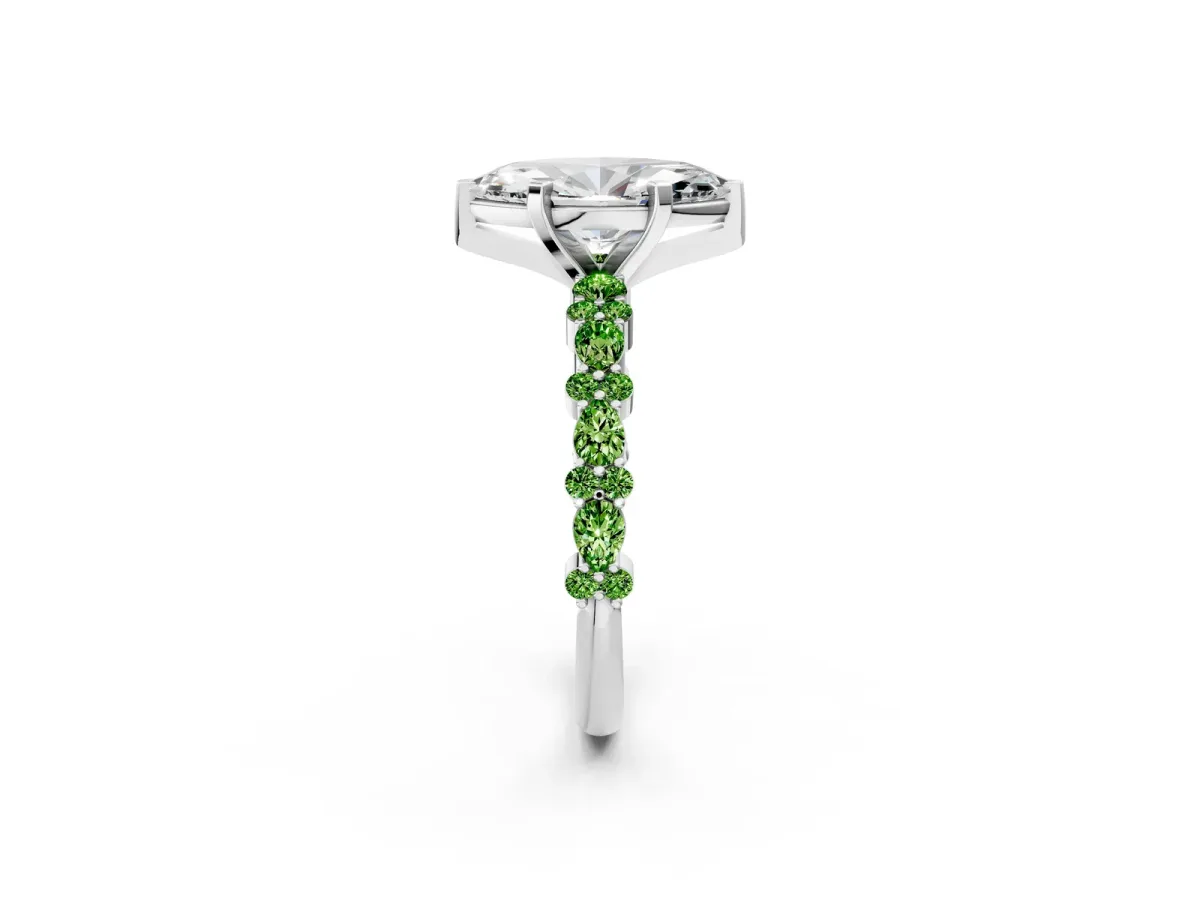Marquise Cut Diamond Side Stone Solitaire Ring with Round Peridot and Four-Prong Setting Silver