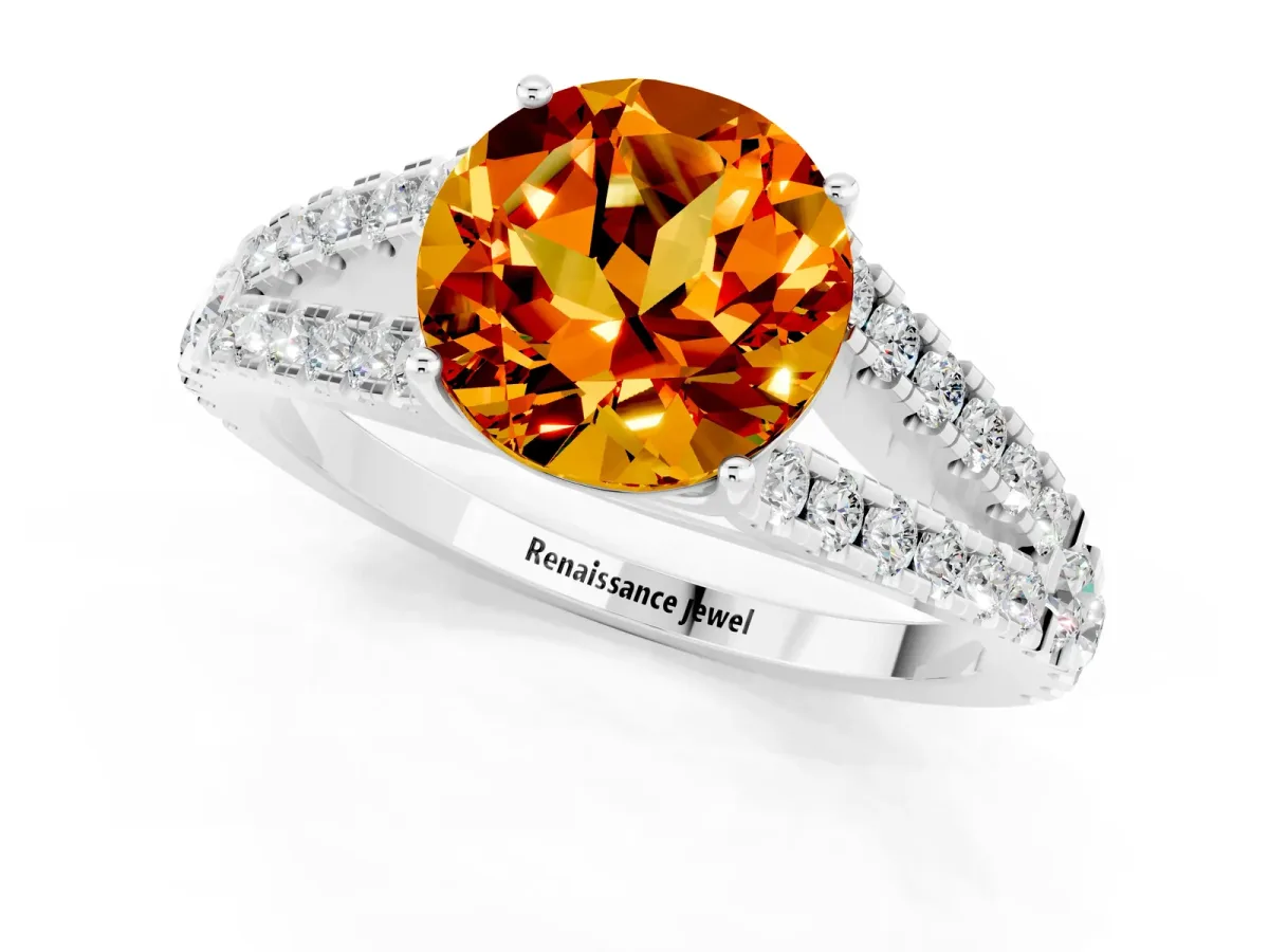 Round Cut Citrine Split Shank Engagement Ring with Round Pavé and Prong Setting Platinum