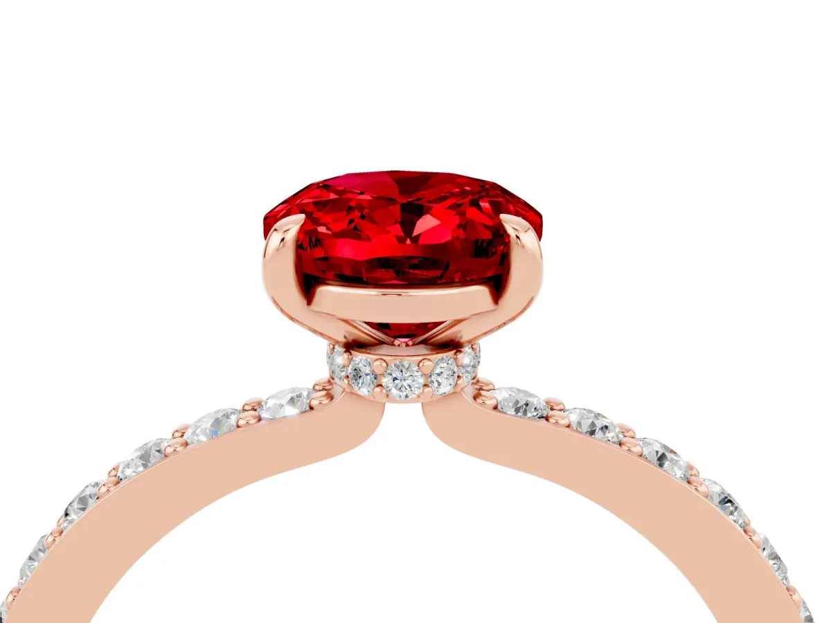 Oval Cut Ruby Solitaire Engagement Ring with Pavé Band and Four-Prong Setting Rose gold