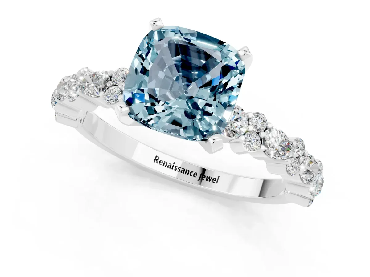 Cushion Cut Aquamarine Side Stone Solitaire Ring with Round and Four-Prong Setting Silver