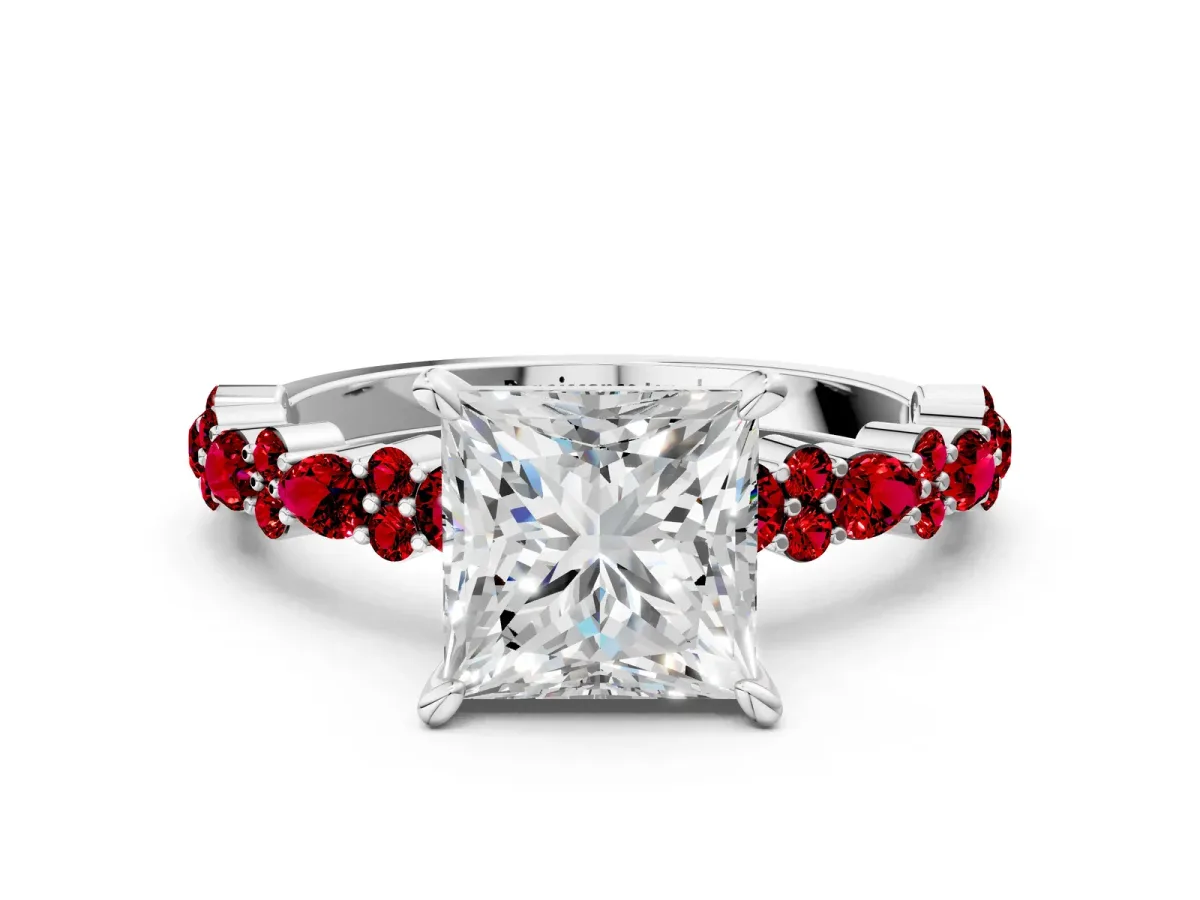 Princess Cut Diamond Side Stone Solitaire Ring with Round Ruby and Four-Prong Setting Platinum