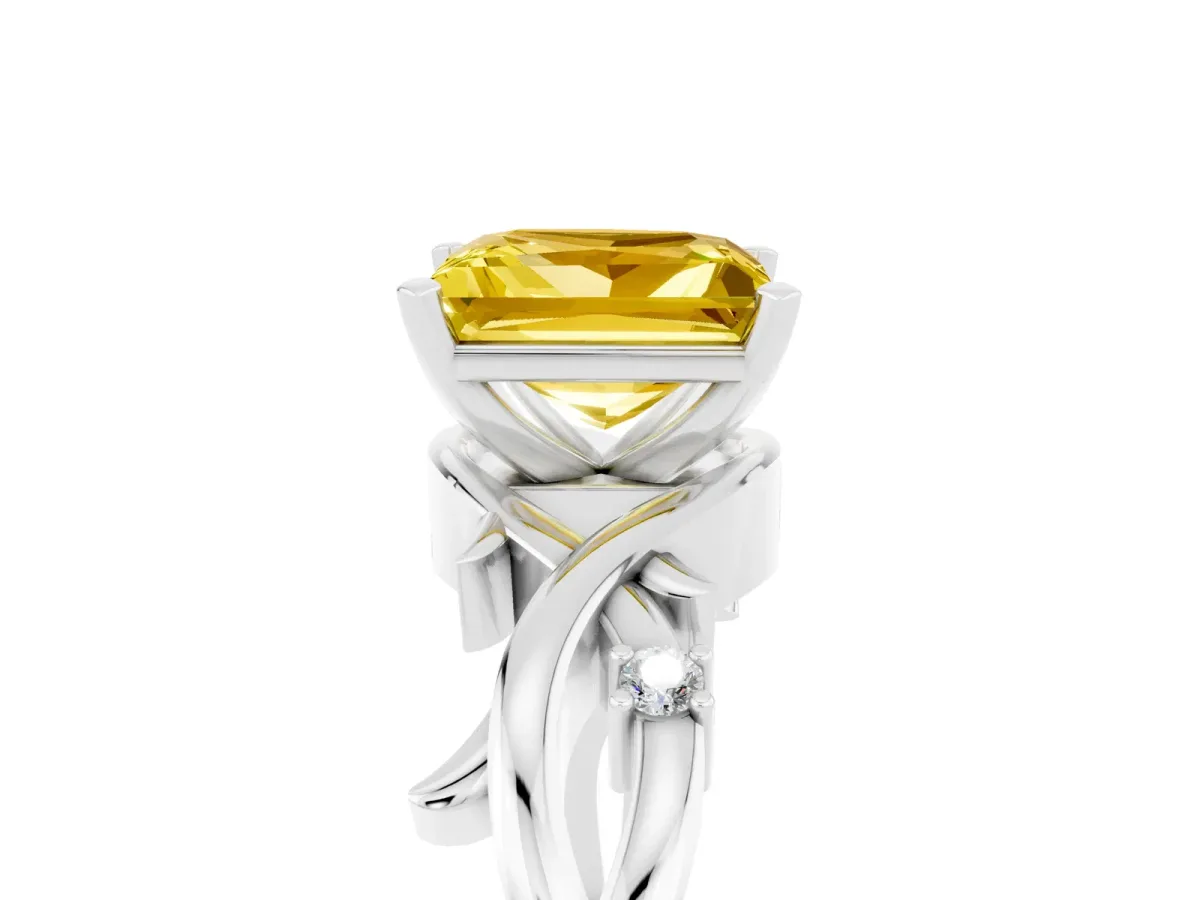 Princess Cut Yellow Sapphire Solitaire Ring with Twisted Band and Prong Setting Silver