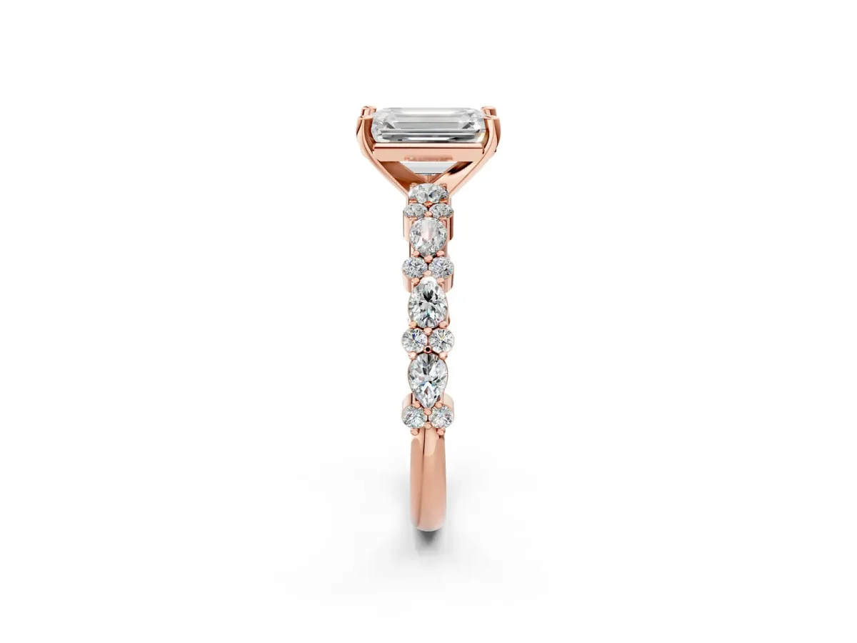 Emerald Cut Diamond Side Stone Solitaire Ring with Round and Four-Prong Setting Rose gold