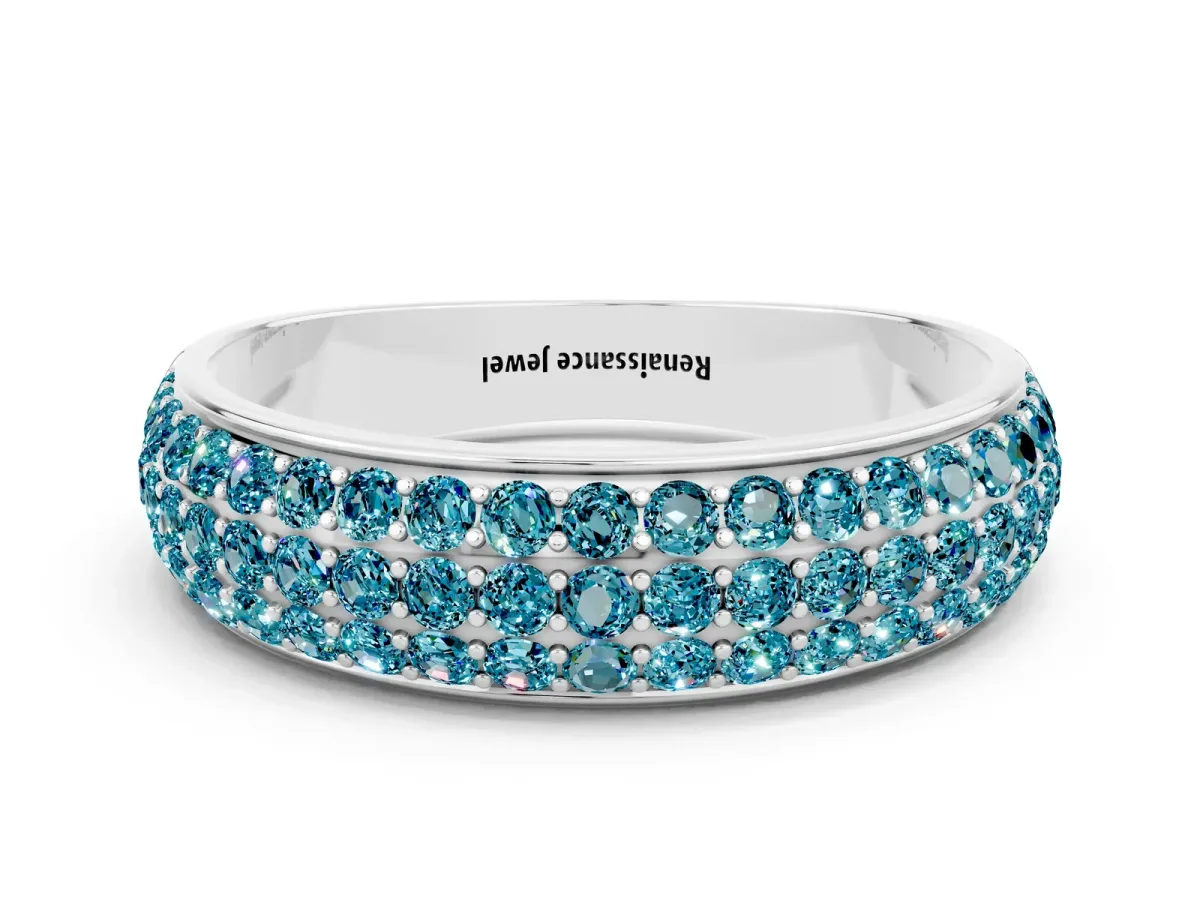 Three-Row Round Blue Topaz Eternity Band with Shared Prong Setting Platinum