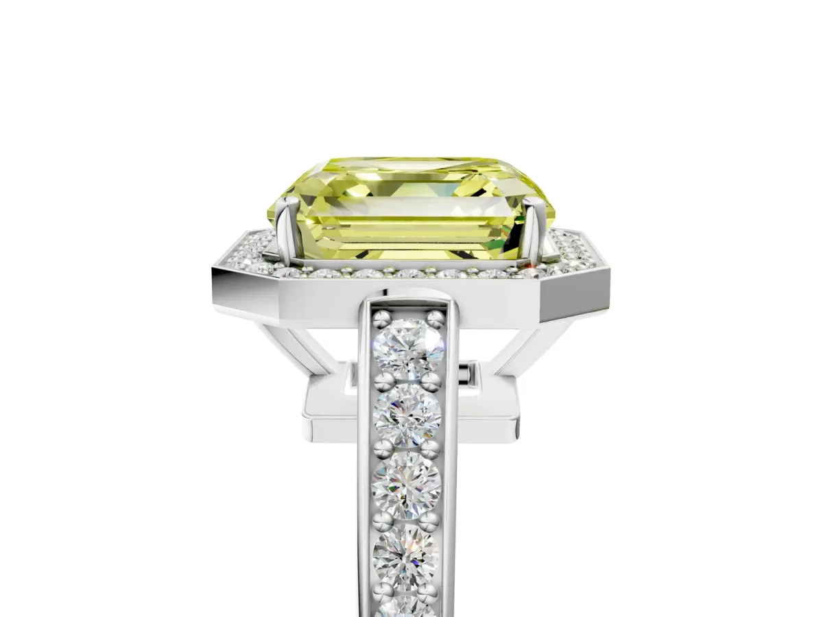 Fancy Yellow Asscher Cut Halo Pavé Diamond Engagement Ring with Bezel Setting Silver