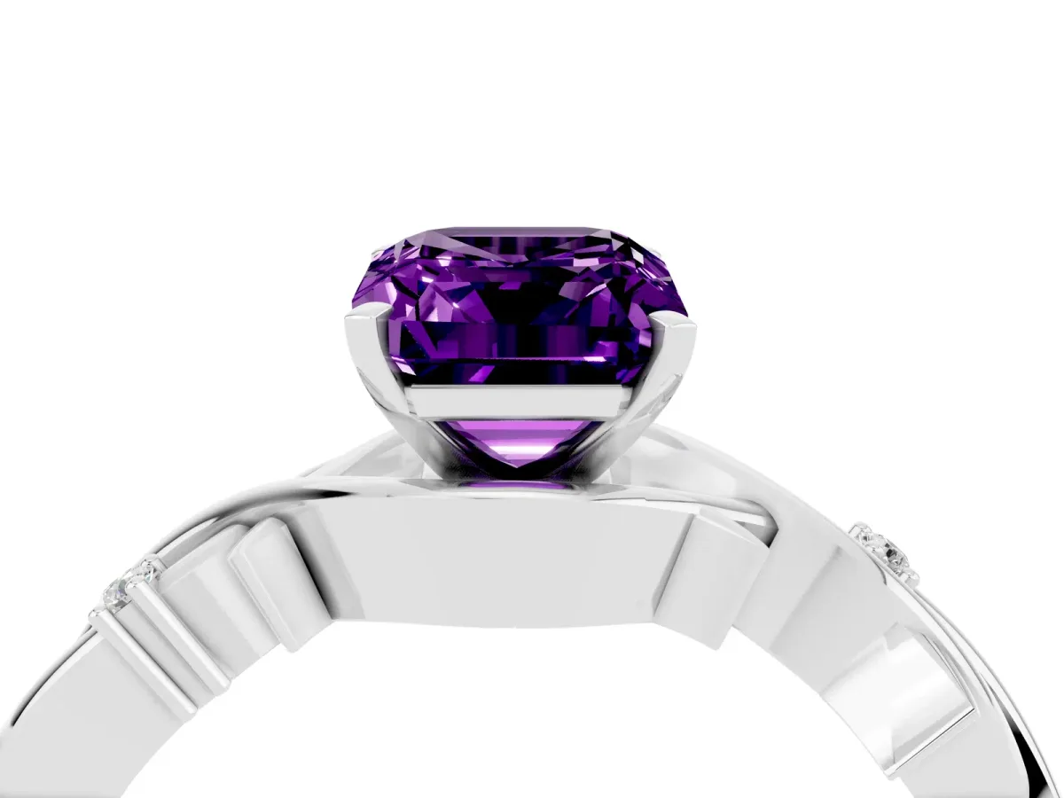 Emerald Cut Amethyst Solitaire Ring with Twisted Band and Prong Setting Silver