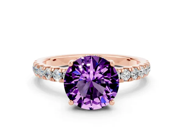 Round Cut Amethyst Pave Band Solitaire Ring with Round and Prong Setting Rose gold