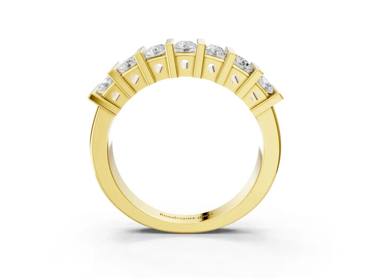 Channel Set Round Diamond Step Band with Bar Prong Setting Yellow gold
