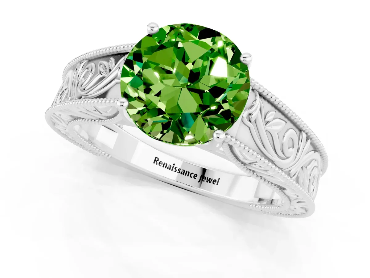 Round Cut Peridot Solitaire Ring with Engraved Band and Four-Prong Setting White gold