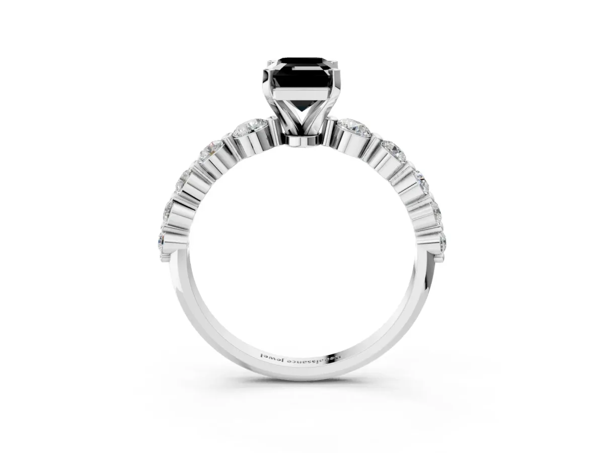Fancy Black Emerald Cut Solitaire Diamond Ring with Pave Band and Four-Prong Setting Silver