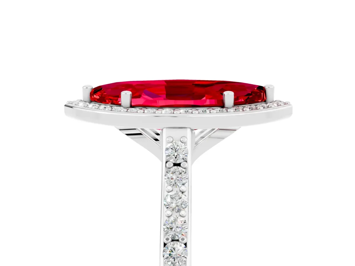 Marquise Cut Ruby Halo Engagement Ring with Round Pavé Shoulders and Prong Setting Silver