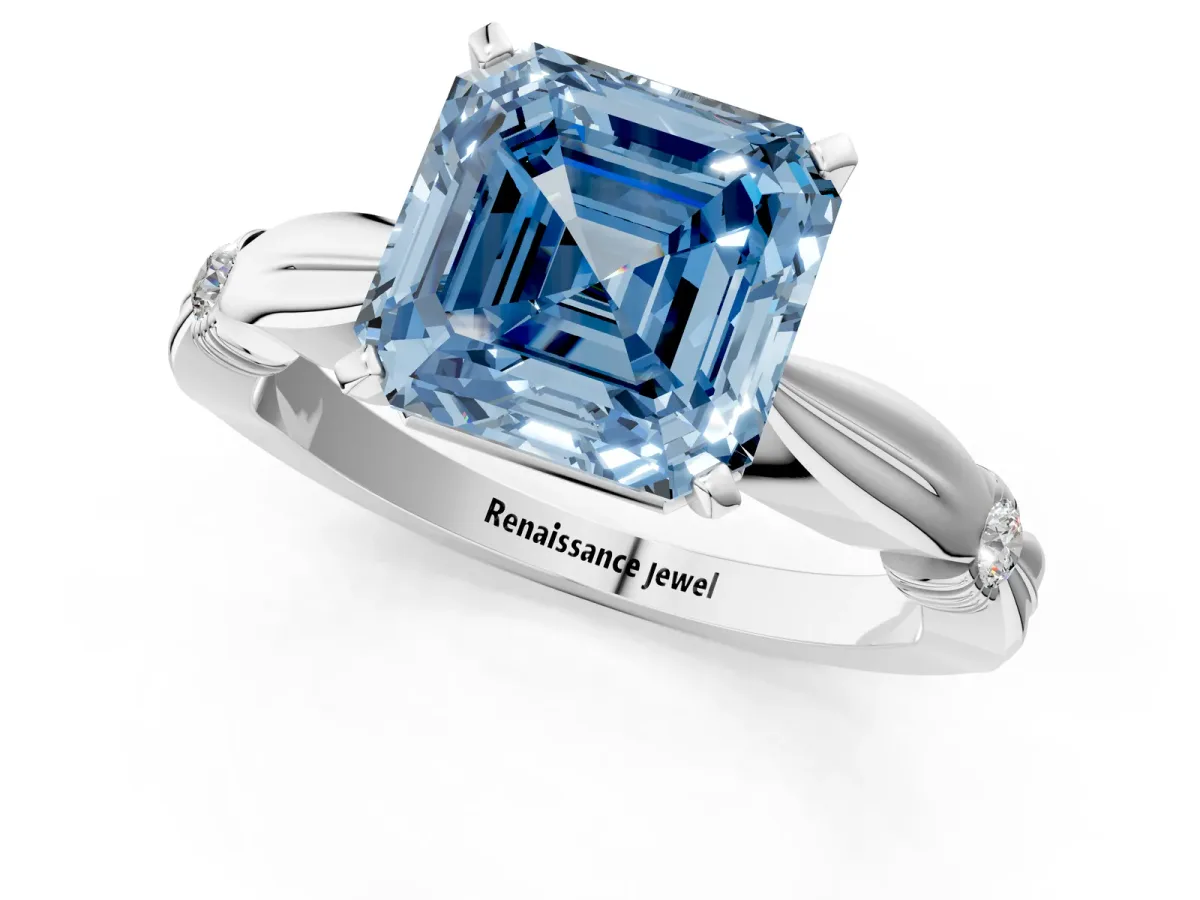 Fancy Blue Asscher Cut Solitaire Diamond Twisted Band with Four-Prong Setting Platinum