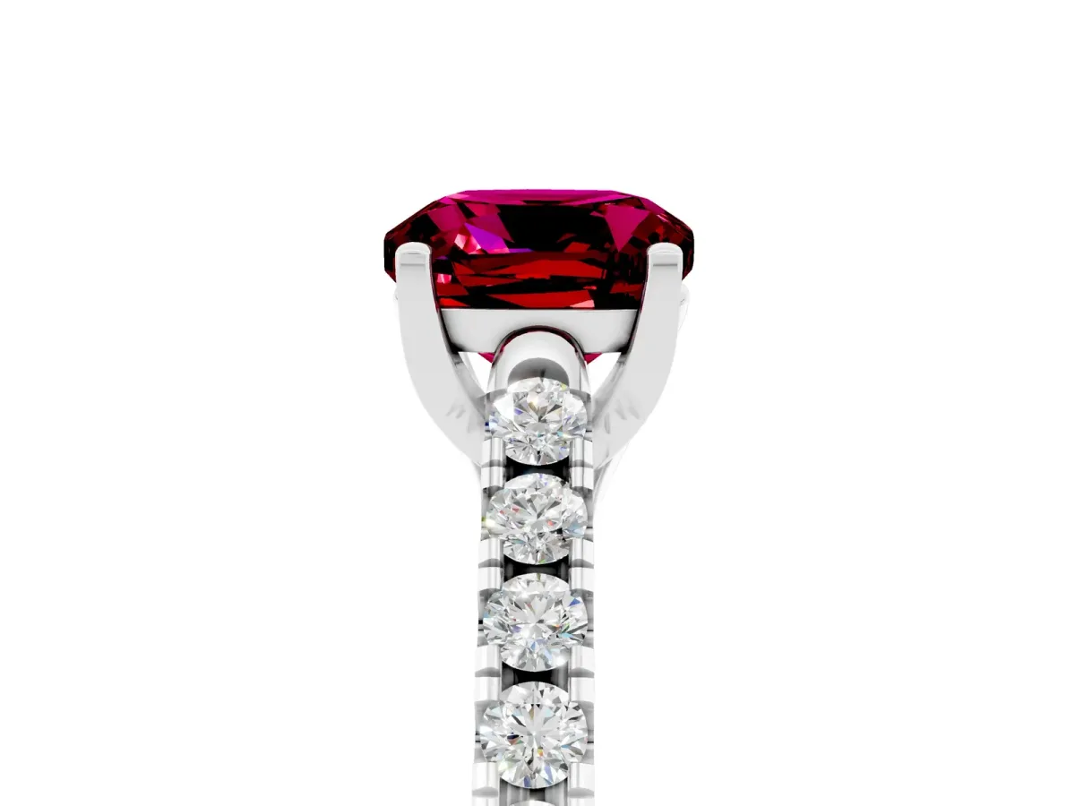 Cushion Cut Garnet Pavé Band Solitaire Ring with Prong Setting Platinum