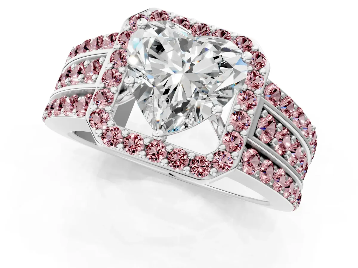 Heart Cut Halo Diamond Ring with Round Morganite Split Shank and Prong Setting Silver