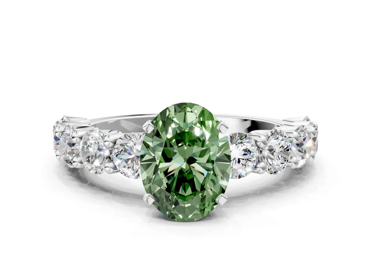 Fancy Green Oval Cut Diamond Prong Setting with Side Stones on a Pave Band Silver