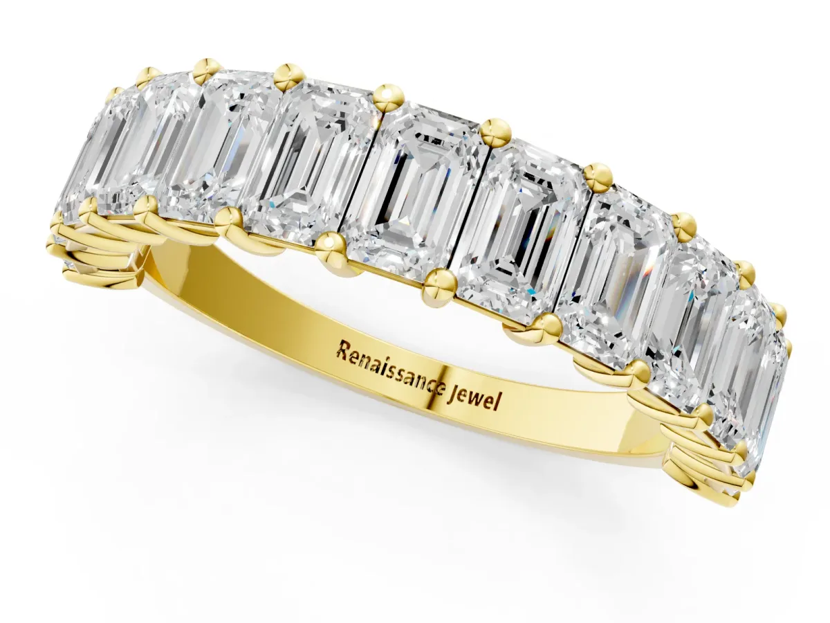 emerald Cut half eternity band with shared prong setting Yellow gold