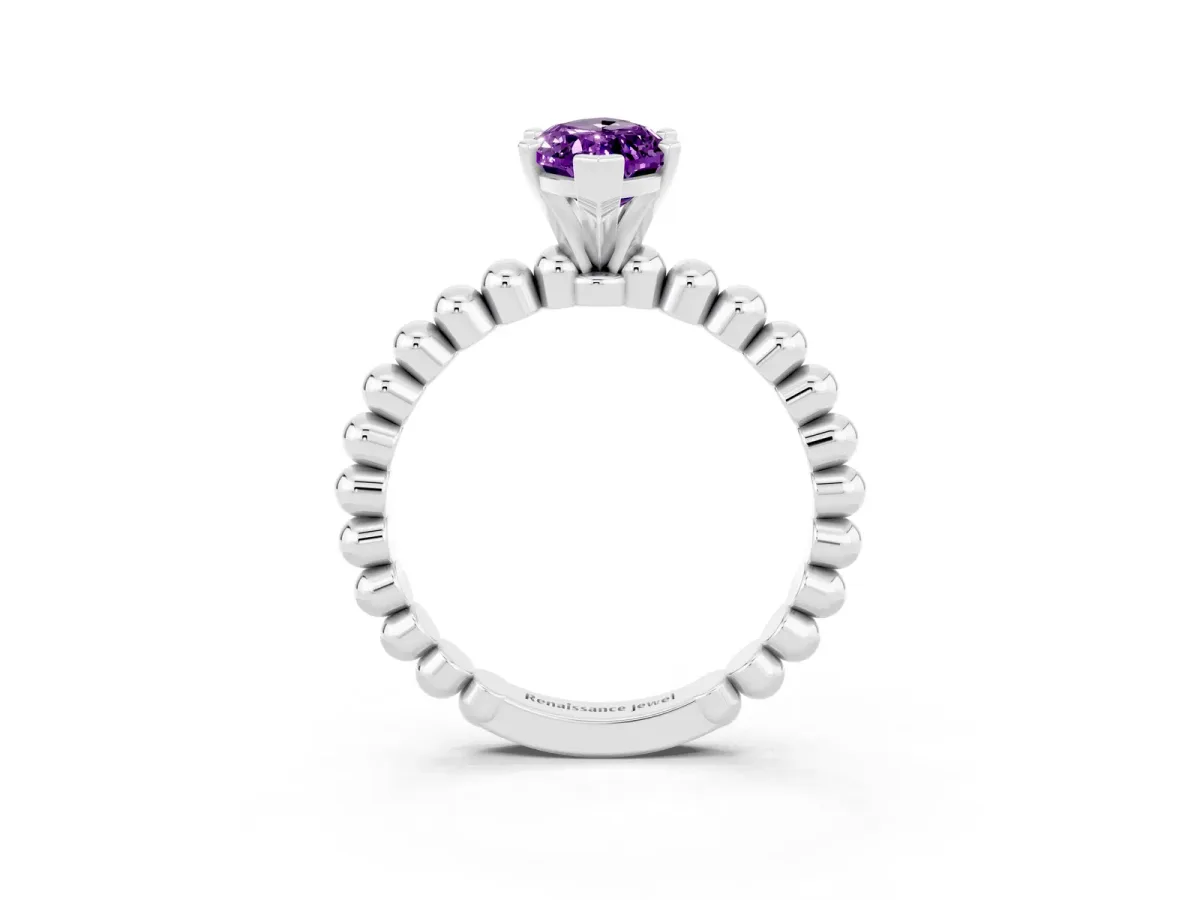 Marquise Cut Amethyst Solitaire Ring with Beaded Band and Prong Setting Platinum