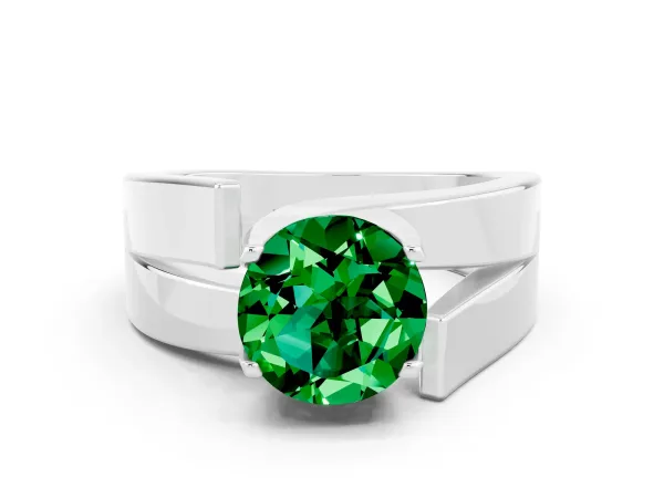 Modern Tension Set Round Cut Emerald Solitaire Wide Band Ring Silver