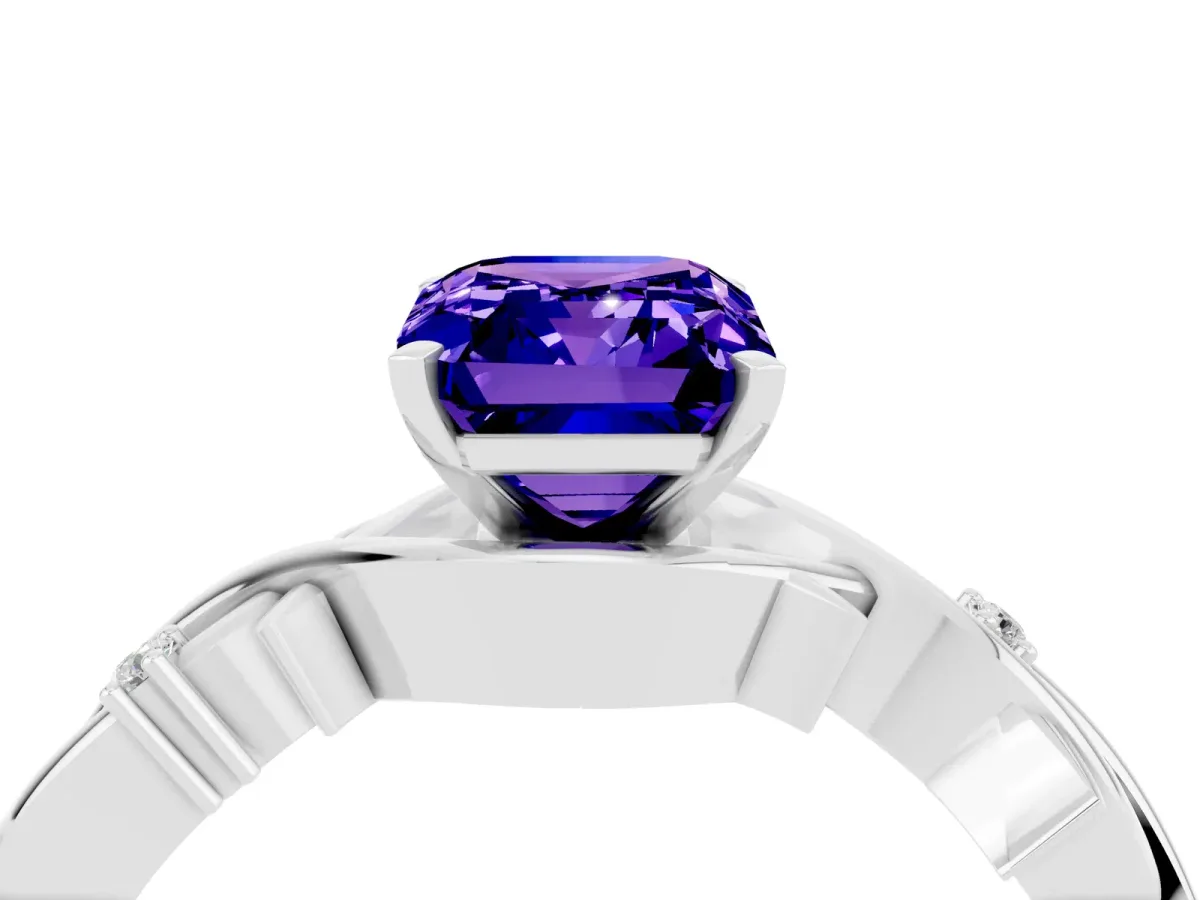 Emerald Cut Tanzanite Solitaire Ring with Twisted Band and Prong Setting Silver