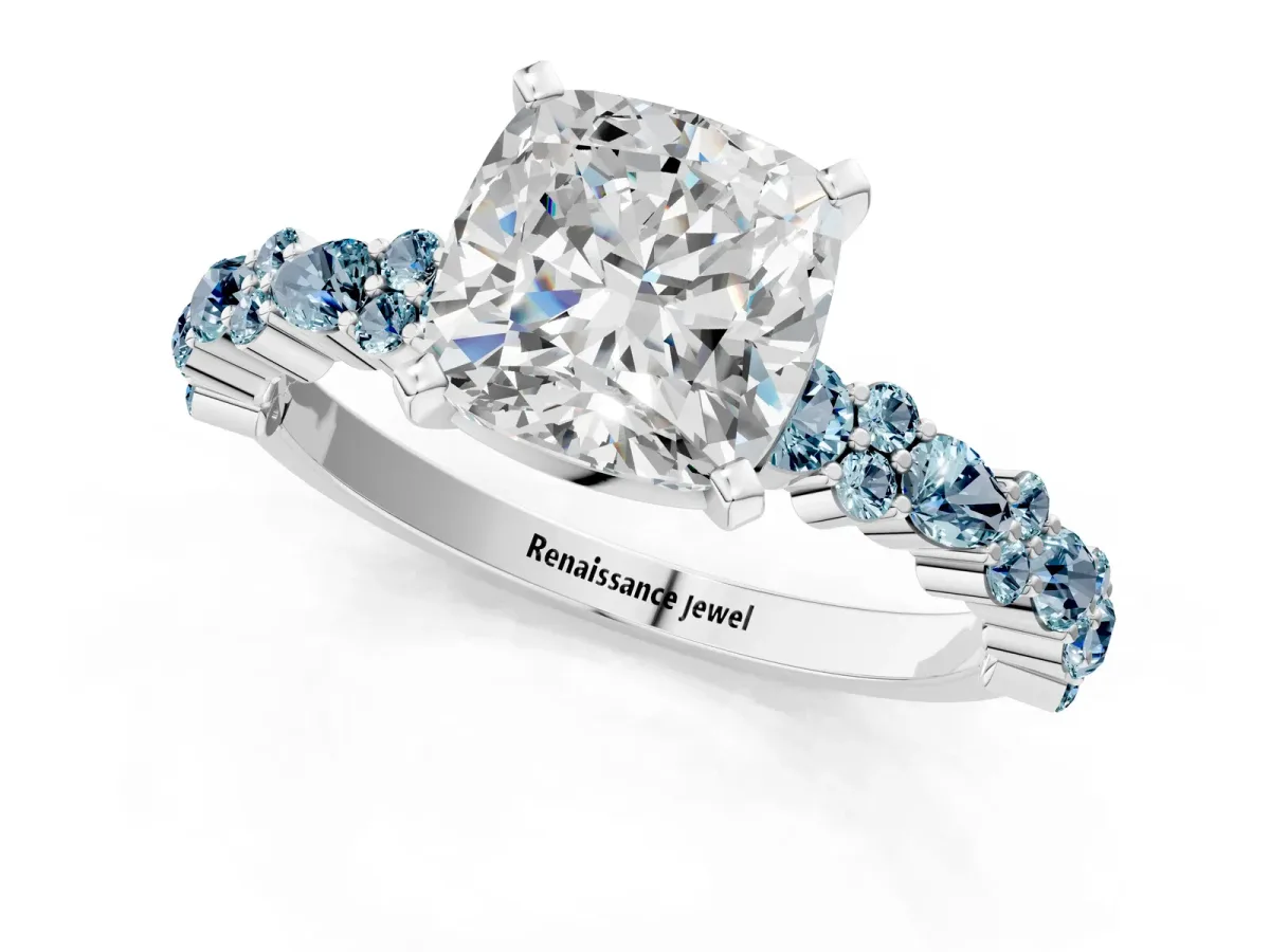 Cushion Cut Diamond Side Stone Solitaire Ring with Round Aquamarine and Four-Prong Setting Silver