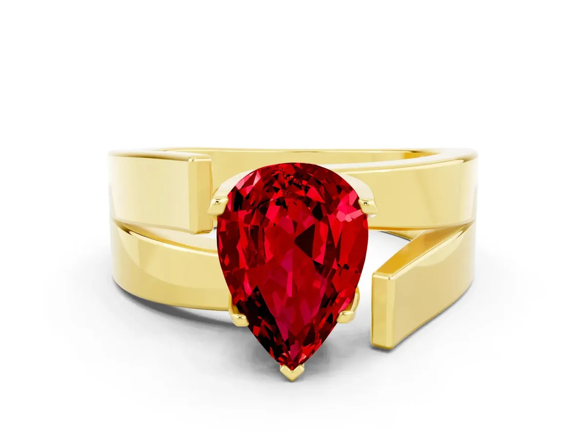 Modern Tension Set Pear Cut Ruby Solitaire Wide Band Ring Yellow gold
