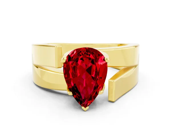 Modern Tension Set Pear Cut Ruby Solitaire Wide Band Ring Yellow gold