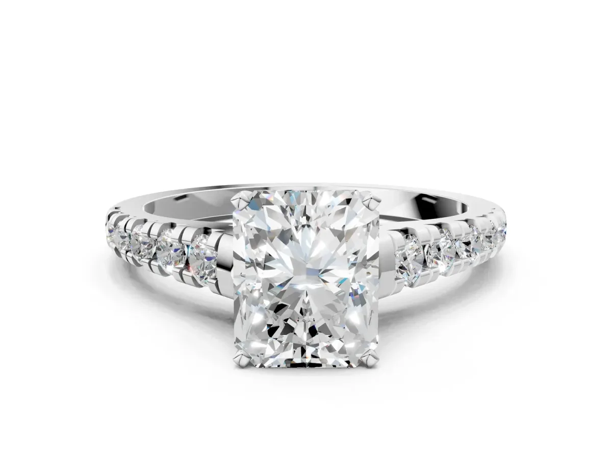 Radiant Cut Diamond Cathedral Solitaire Ring with Round Pavé Band Platinum