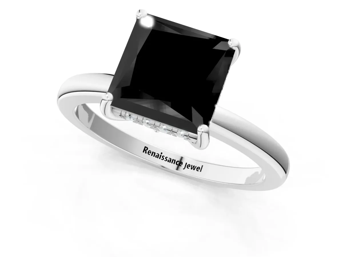 Fancy Black Princess Cut Solitaire Diamond Ring with Prong Setting and Plain Band Silver