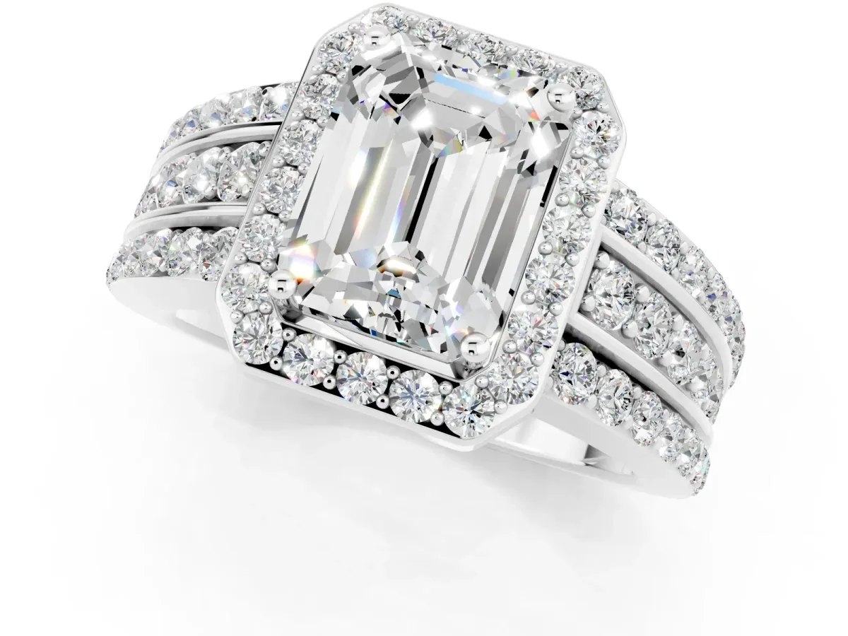 Emerald Cut Halo Moissanite Ring with Round Split Shank and Prong Setting Silver