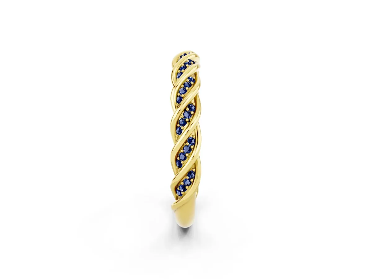 Twisted Pavé Round Blue Sapphire Eternity Band with Shared Prong Setting Yellow gold