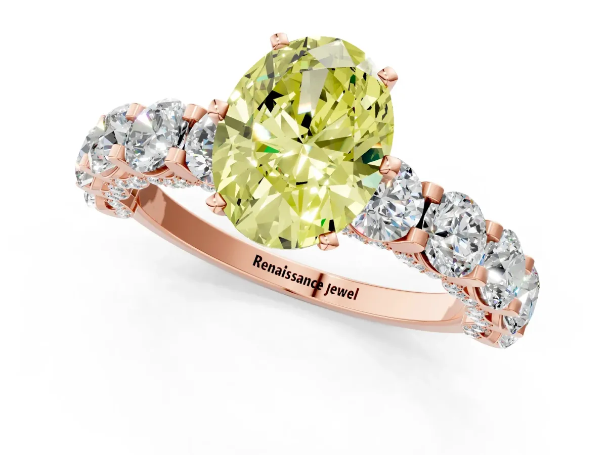 Fancy Yellow Oval Cut Diamond Side Stone Engagement Ring with Four-Prong Setting Rose gold
