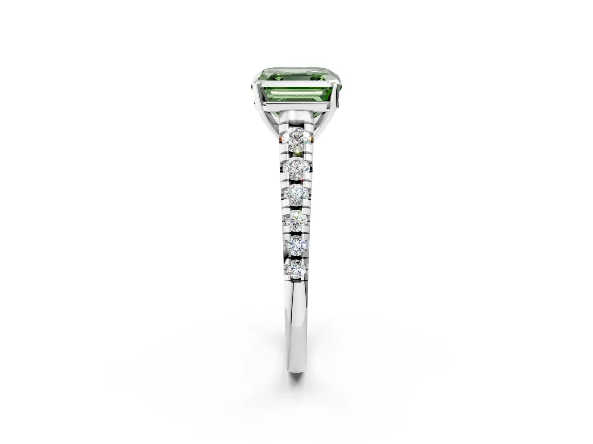 Fancy Green Asscher Cut Diamond Cathedral Solitaire Ring with Round Pavé Band Silver