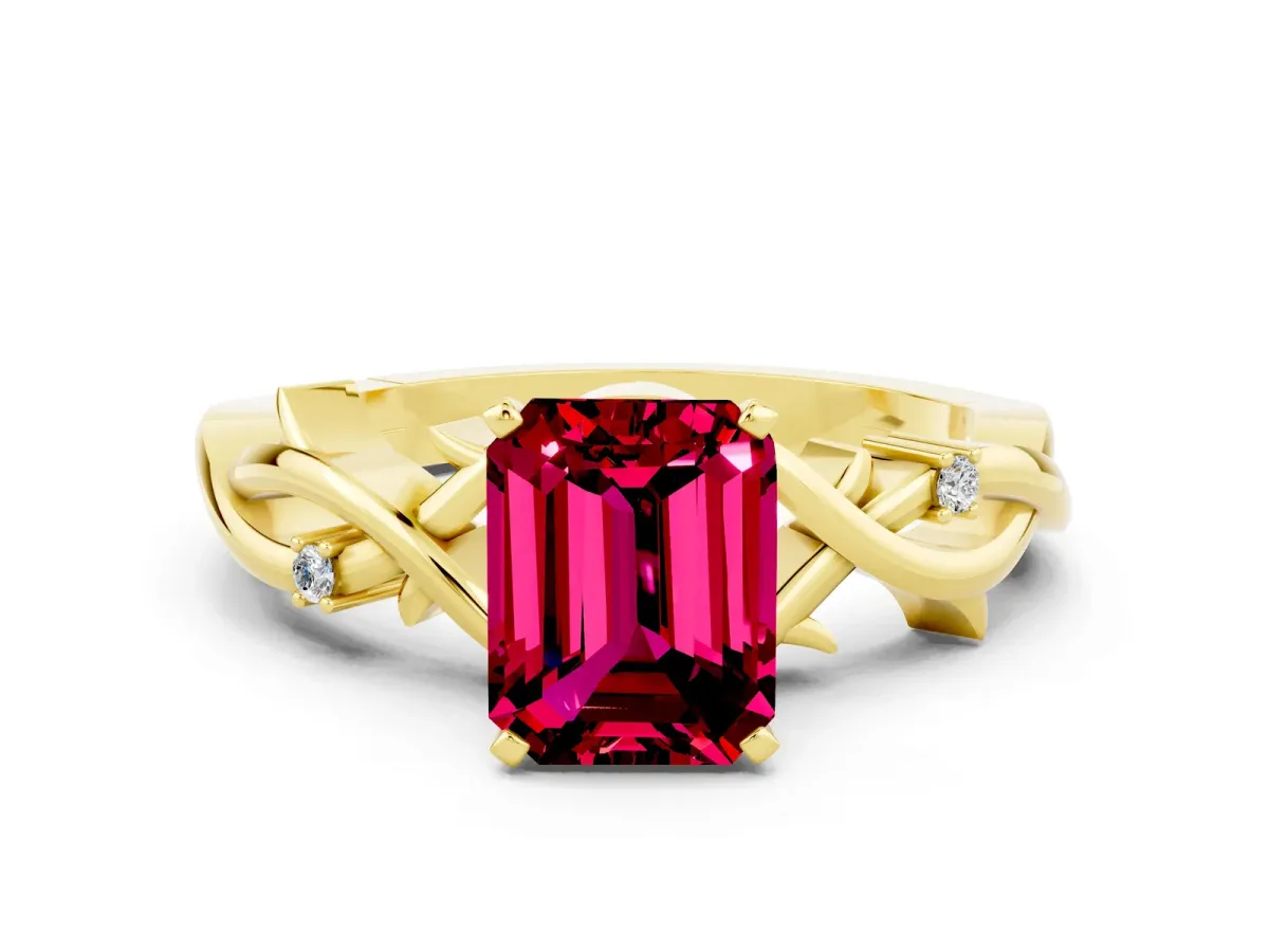 Emerald Cut Garnet Solitaire Ring with Twisted Band and Prong Setting Yellow gold