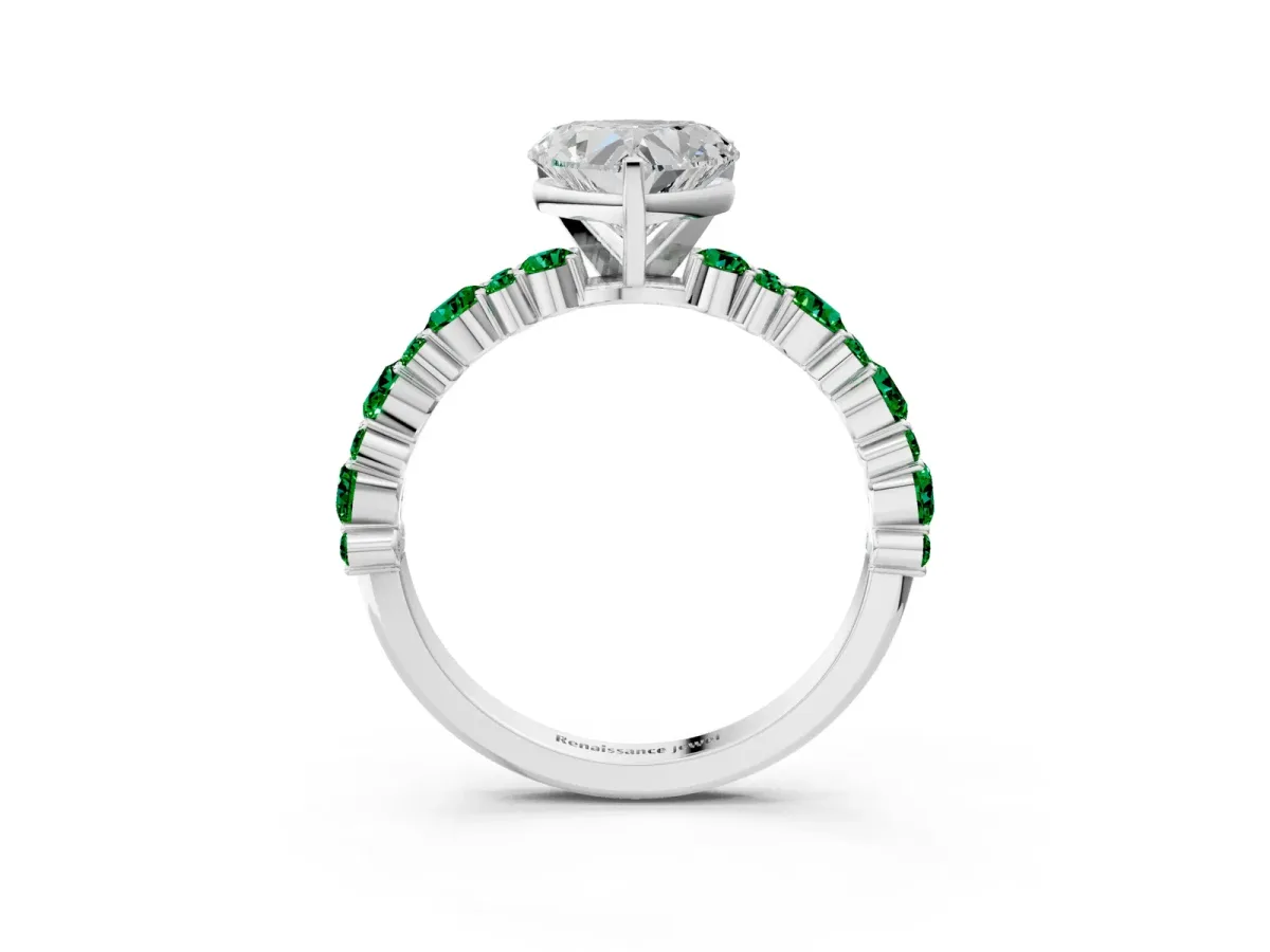 Heart Cut Diamond Side Stone Solitaire Ring with Round Emerald and Four-Prong Setting Platinum