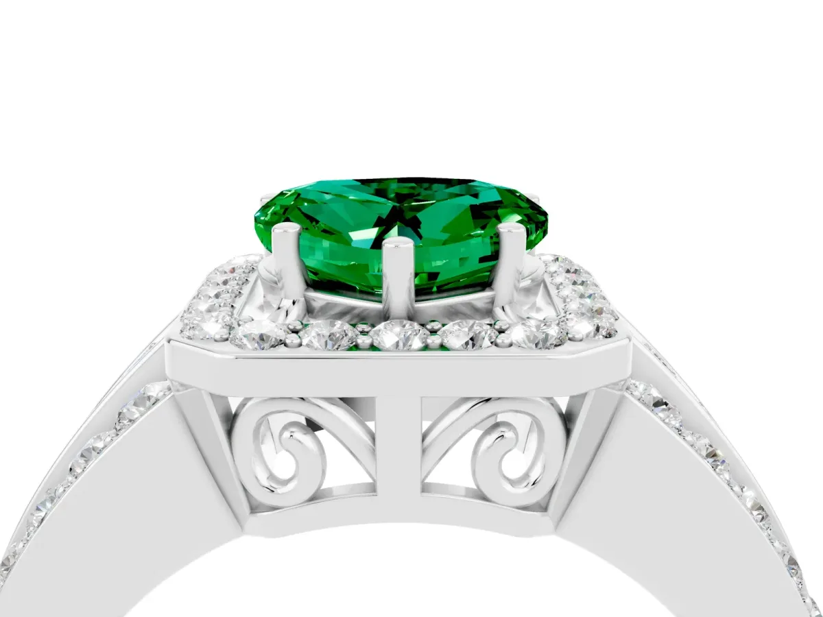 Heart Cut Halo Emerald Ring with Round Split Shank and Prong Setting Platinum