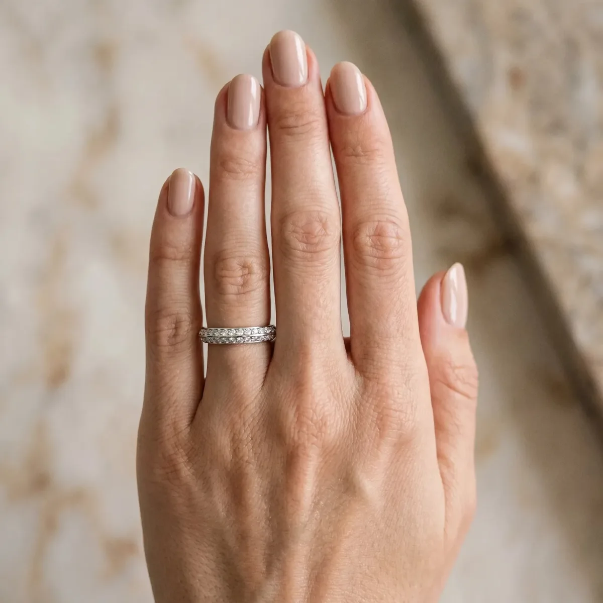 Double Row Pavé Round Diamond Eternity Band with Channel Setting Silver