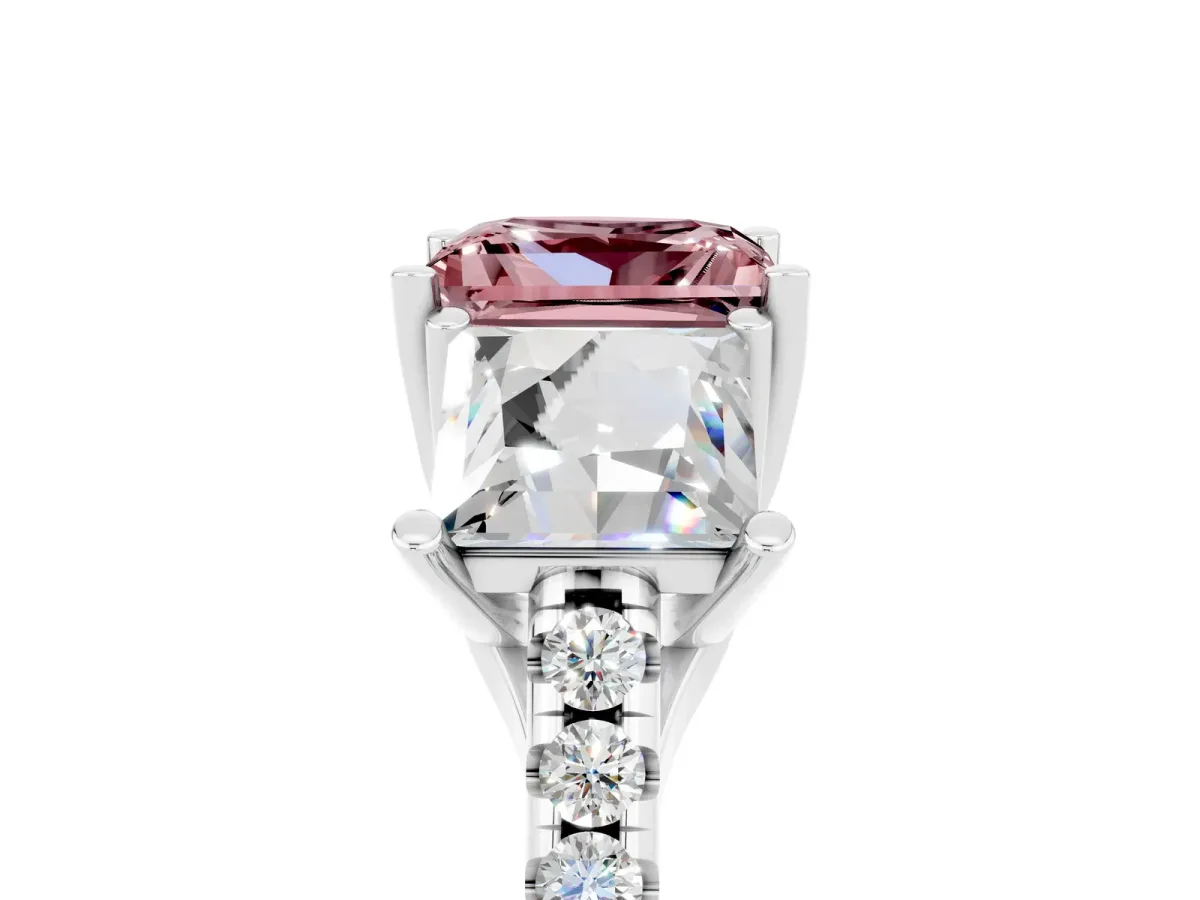Three-Stone Princess Cut Morganite Ring with Round Pavé Band and Prong Setting Silver