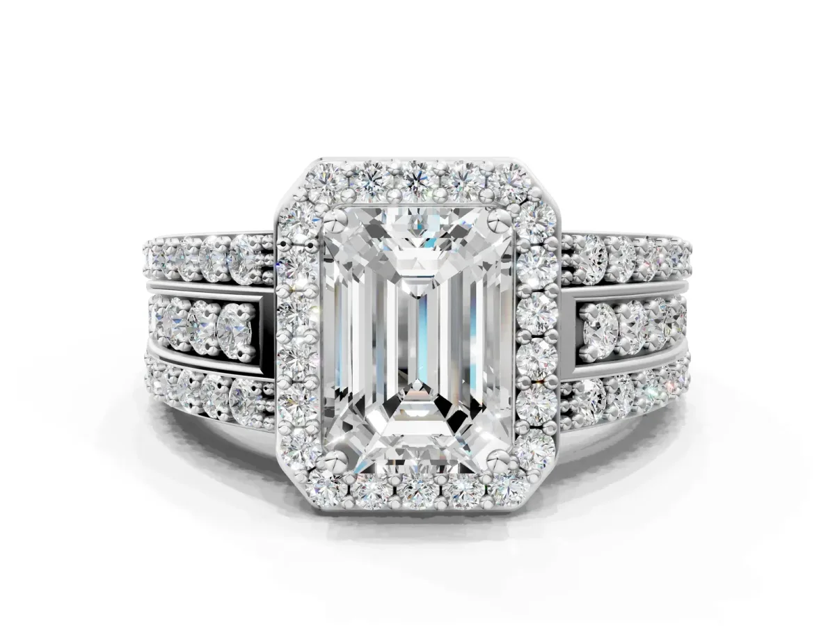 Emerald Cut Halo Diamond Ring with Round Moissanite Split Shank and Prong Setting Silver