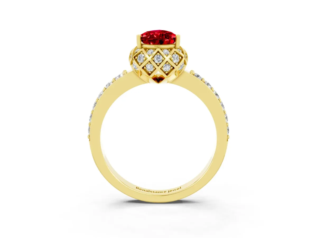 Pear Cut Ruby Scalloped Halo Engagement Ring with Round Shared Prong Band Yellow gold