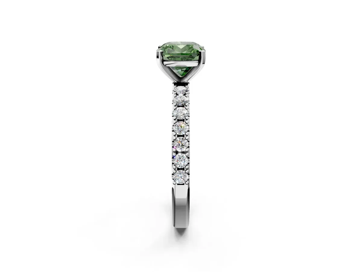 Fancy Green Cushion Cut Diamond Solitaire Pavé Band with Four-Prong Setting Silver