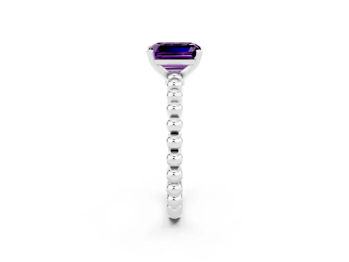 Emerald Cut Amethyst Solitaire Ring with Beaded Band and Prong Setting Platinum
